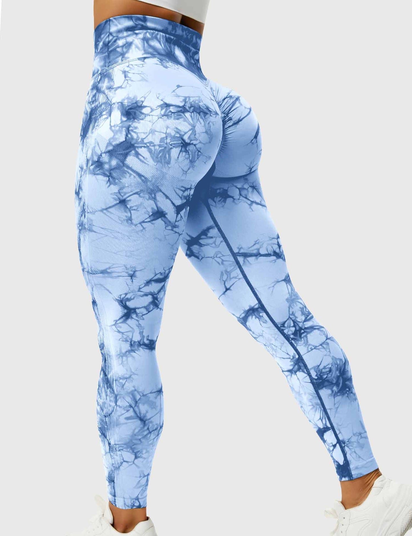 Damen-Leggings, hellblau, Batikmuster, Sportbekleidung, elastisch, bequem, modisch.