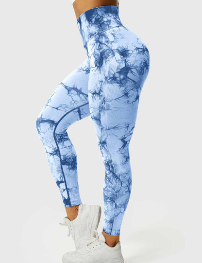Damen Leggings hellblau, Batikmuster, hohe Taille, Sportbekleidung, elastisch, bequem