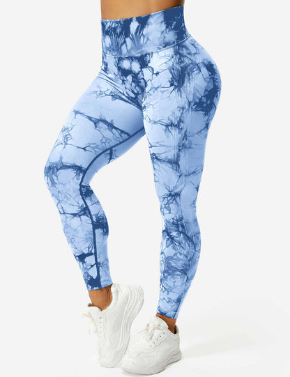 Damen Leggings hellblau, Batikmuster, hohe Taille, Sportbekleidung, elastisch, bequem.
