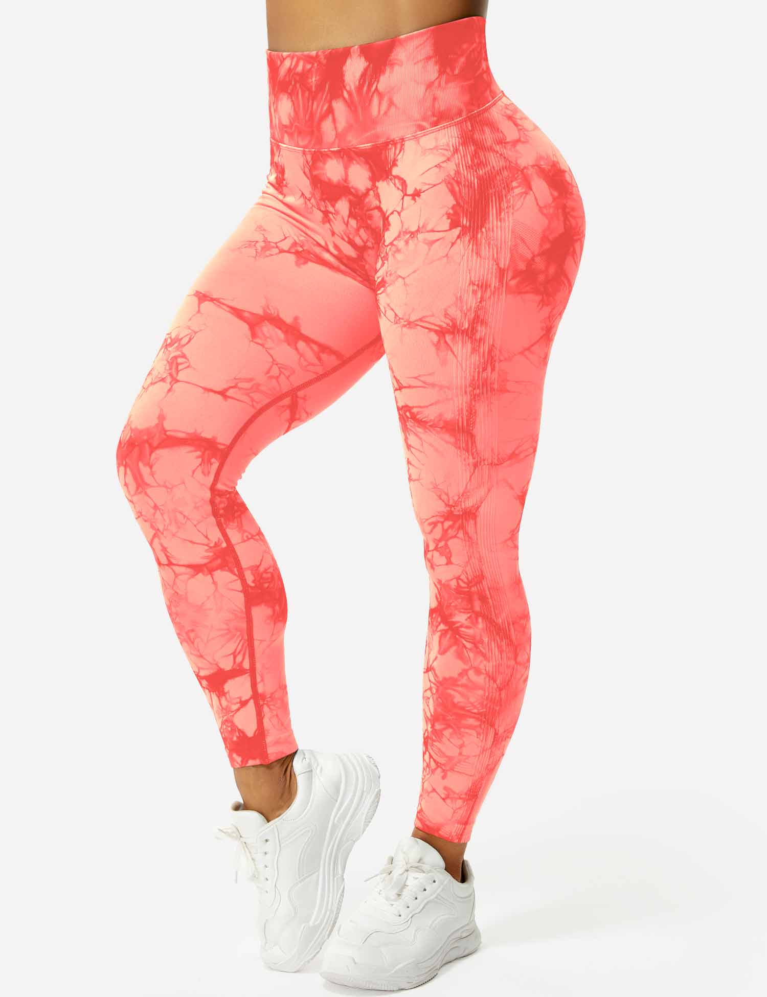 Damen Leggings orange, Batikmuster, hohe Taille, Sportbekleidung, elastisch, bequem.