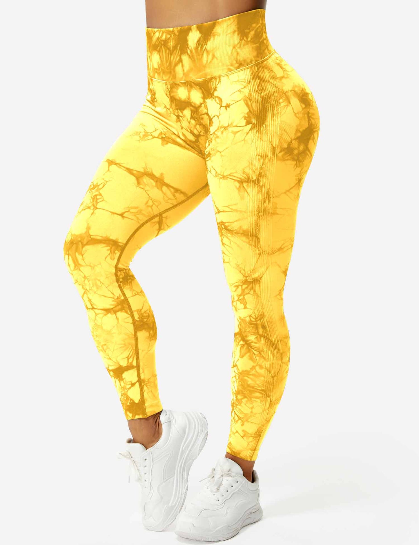 Gelbe Damen-Leggings mit Batikmuster, hohe Taille, sportlich, bequem, elastisch.