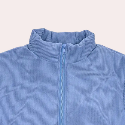 Blauer Cord-Steppjacke mit Reißverschluss, Stehkragen, modisch, warm, Damenbekleidung.