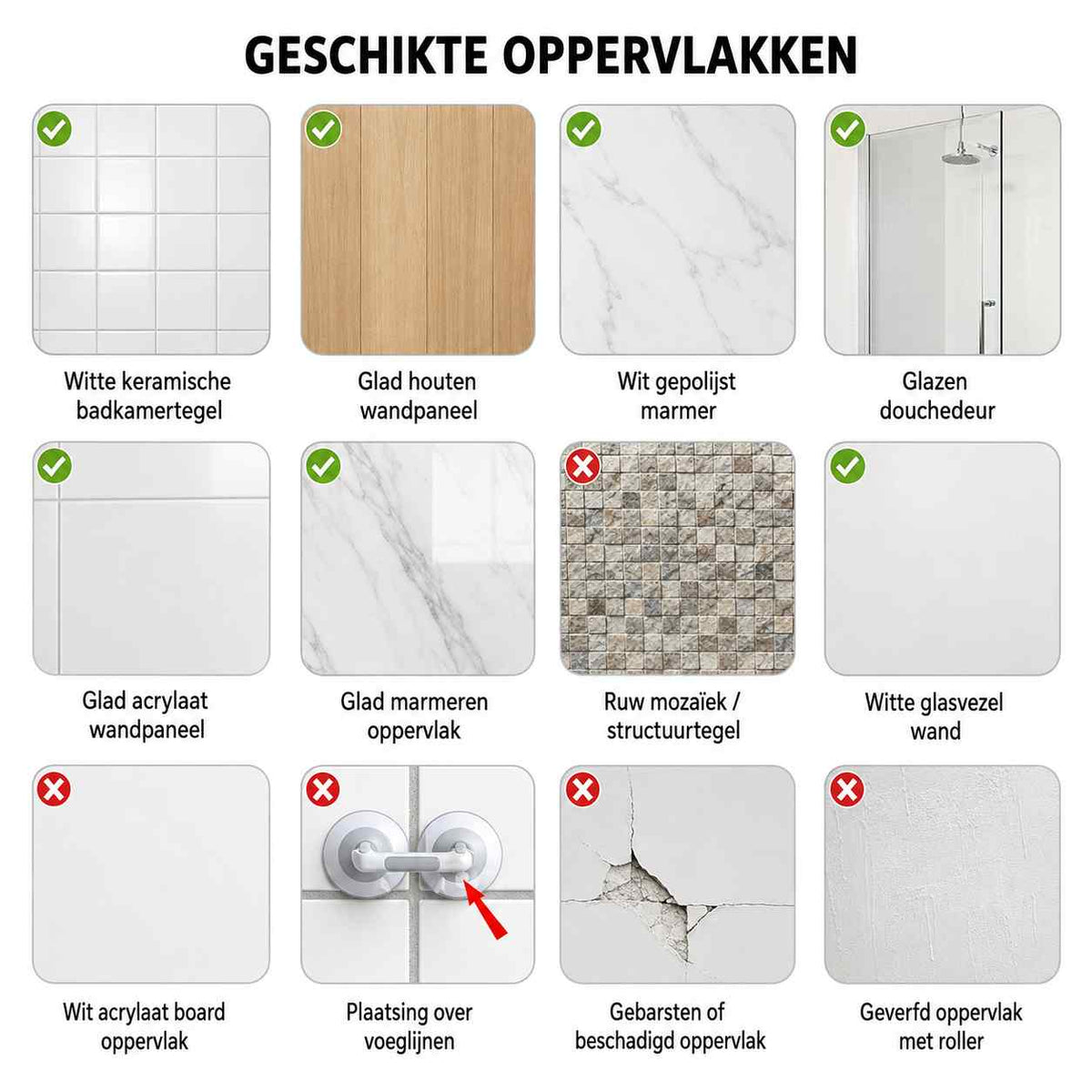 Rutnät över lämpliga och olämpliga underlag: kakel, trä, marmor och glas är godkända, medan grov mosaik, fogar, sprickor och roller-målade ytor inte är det. 12