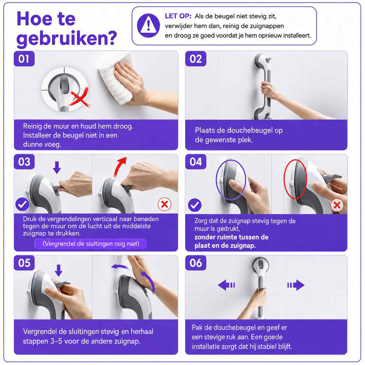 Sexstegsguide för montering med bilder: rengör väggen, placera handtaget, tryck ut luften ur sugkopparna, lås spakarna och testa fästet genom att dra. 17