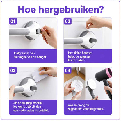 Fyra steg för att ta ned och återanvända handtaget: öppna spakarna, lyft i lilla fliken, använd ett kort vid behov, tvätta och torka sugkopparna. 18