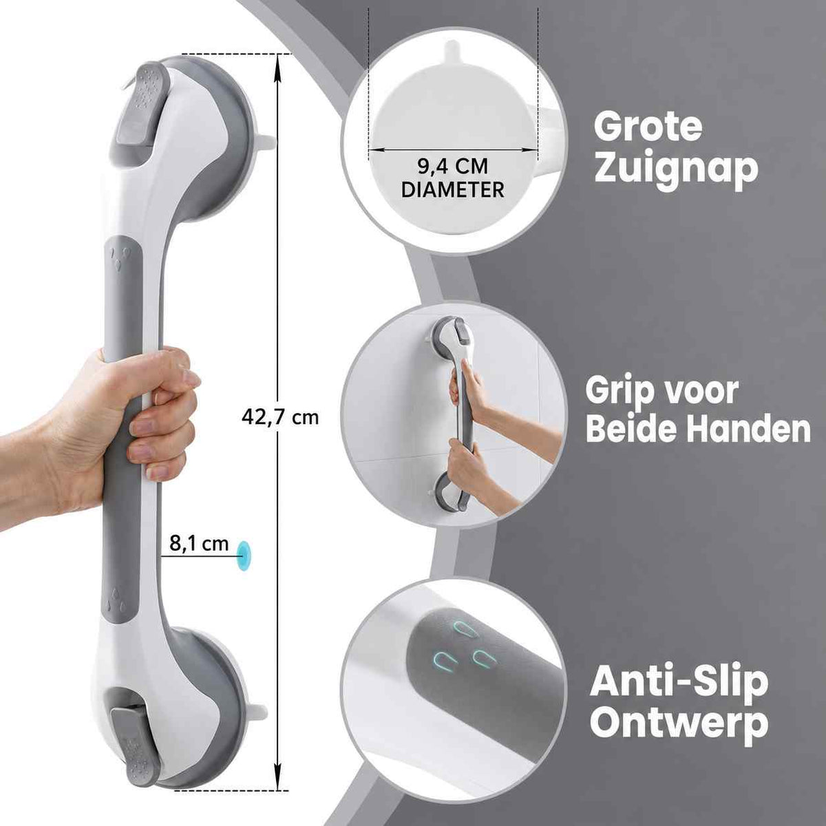 Handtaget hållet i handen med måttpilar, plus detaljer på den stora sugkoppen, grepp för båda händerna och halkfri greppyta. 10