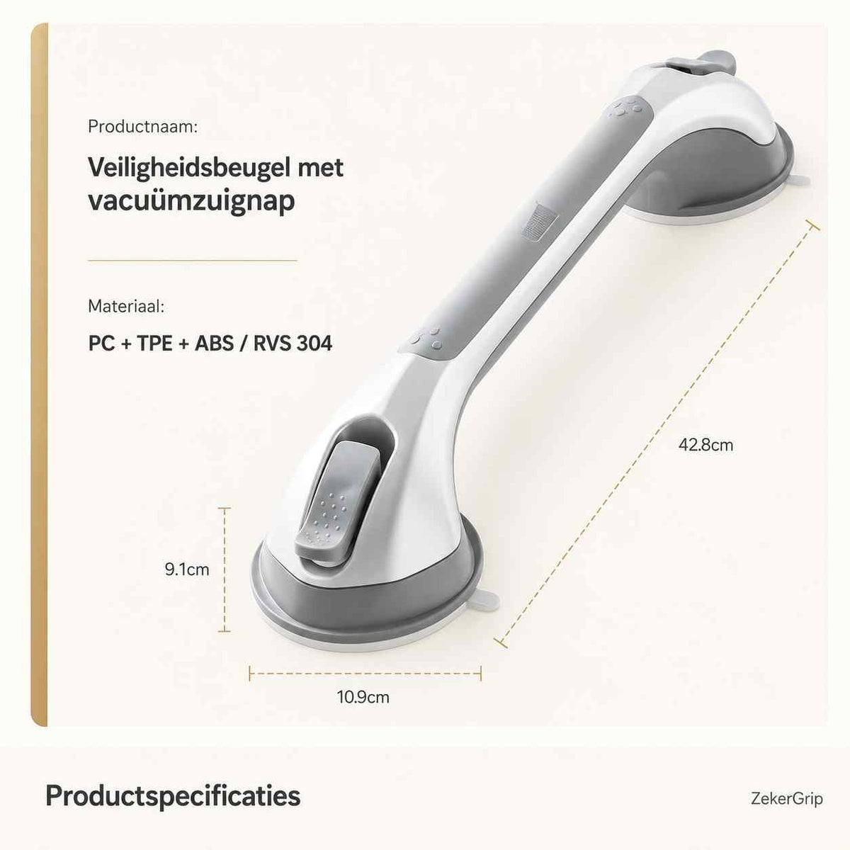 Handtaget snett uppifrån med måttangivelser för längd, bredd och höjd, samt uppgifter om materialet i produktspecifikationen. 11