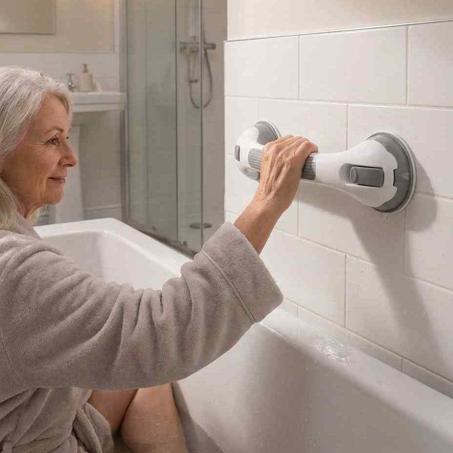 Kvinna i grå badrock sitter i badkaret och håller i handtaget som sitter på vitt kakel ovanför badkarskanten. 8