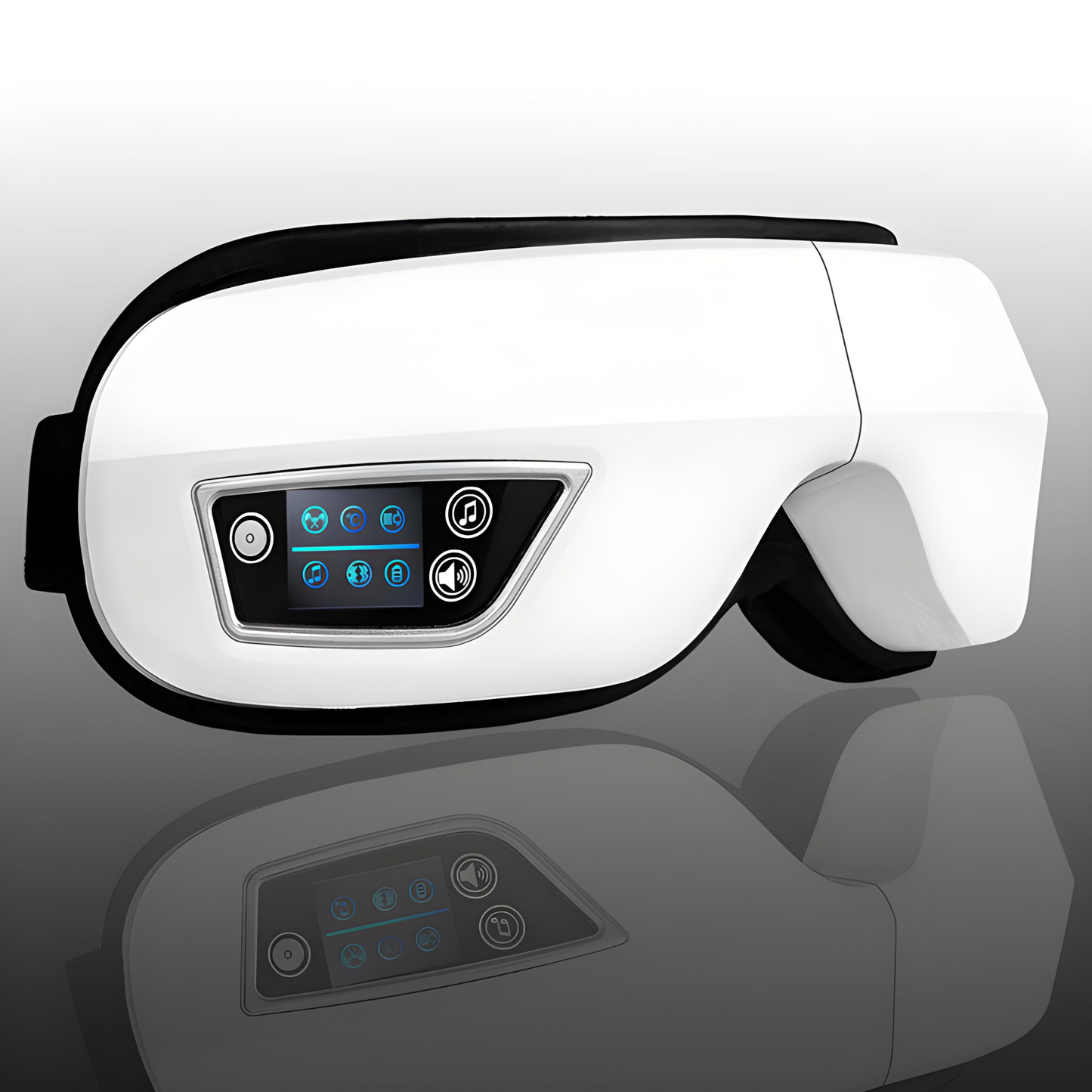 Weißes Augenmassagegerät mit digitalem Display, Entspannung, Stressabbau, Wellness-Technologie.