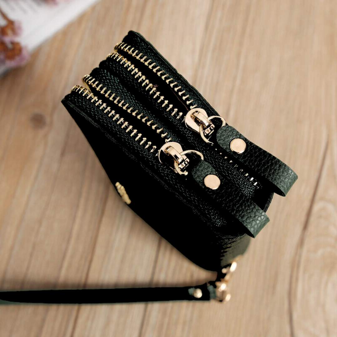 Schwarze Lederhandtasche mit goldenen Reißverschlüssen auf Holztisch.